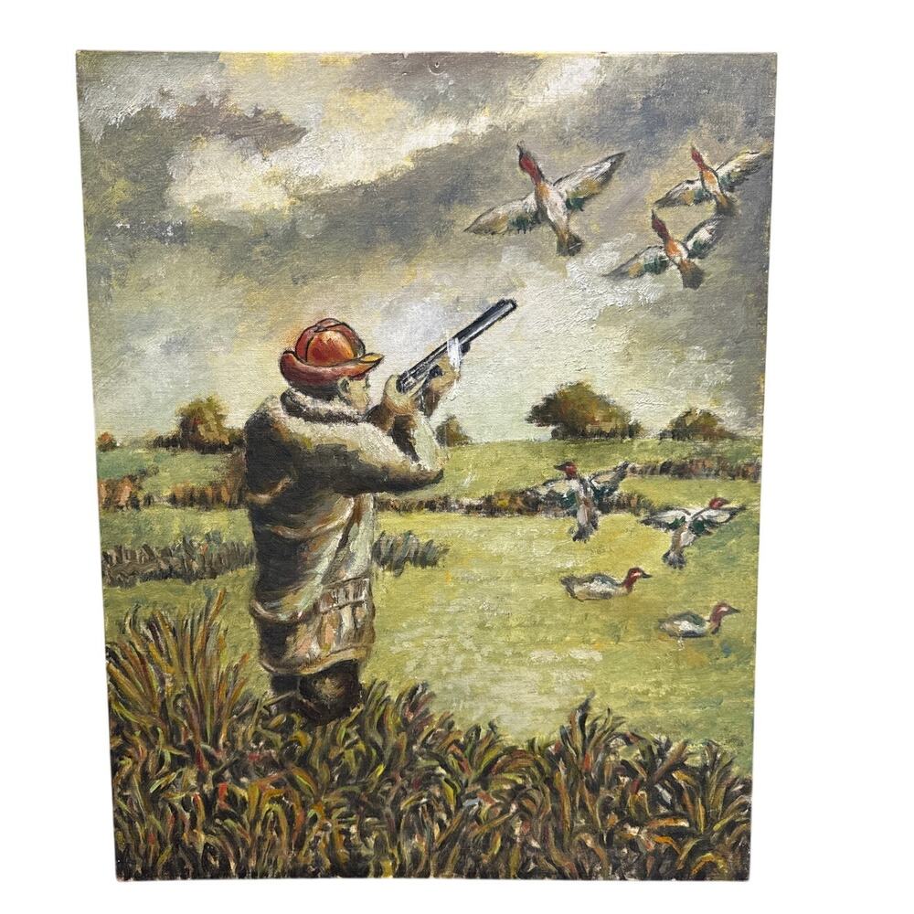 Hand Painted Oil On Canvas Duck Hunting Scene Art Painting Unsigned 20 x 16"